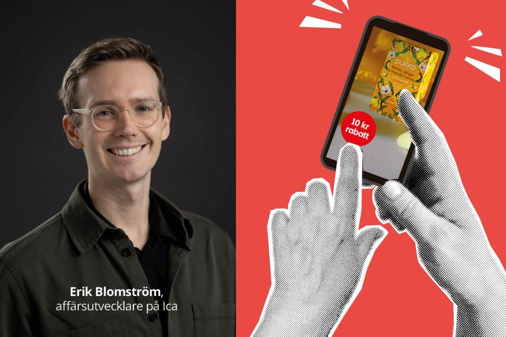 Erik Blomström, affärsutvecklare på Ica och en illustration av en mobiltelefon som visar ett digitalt kupongerbjudande.